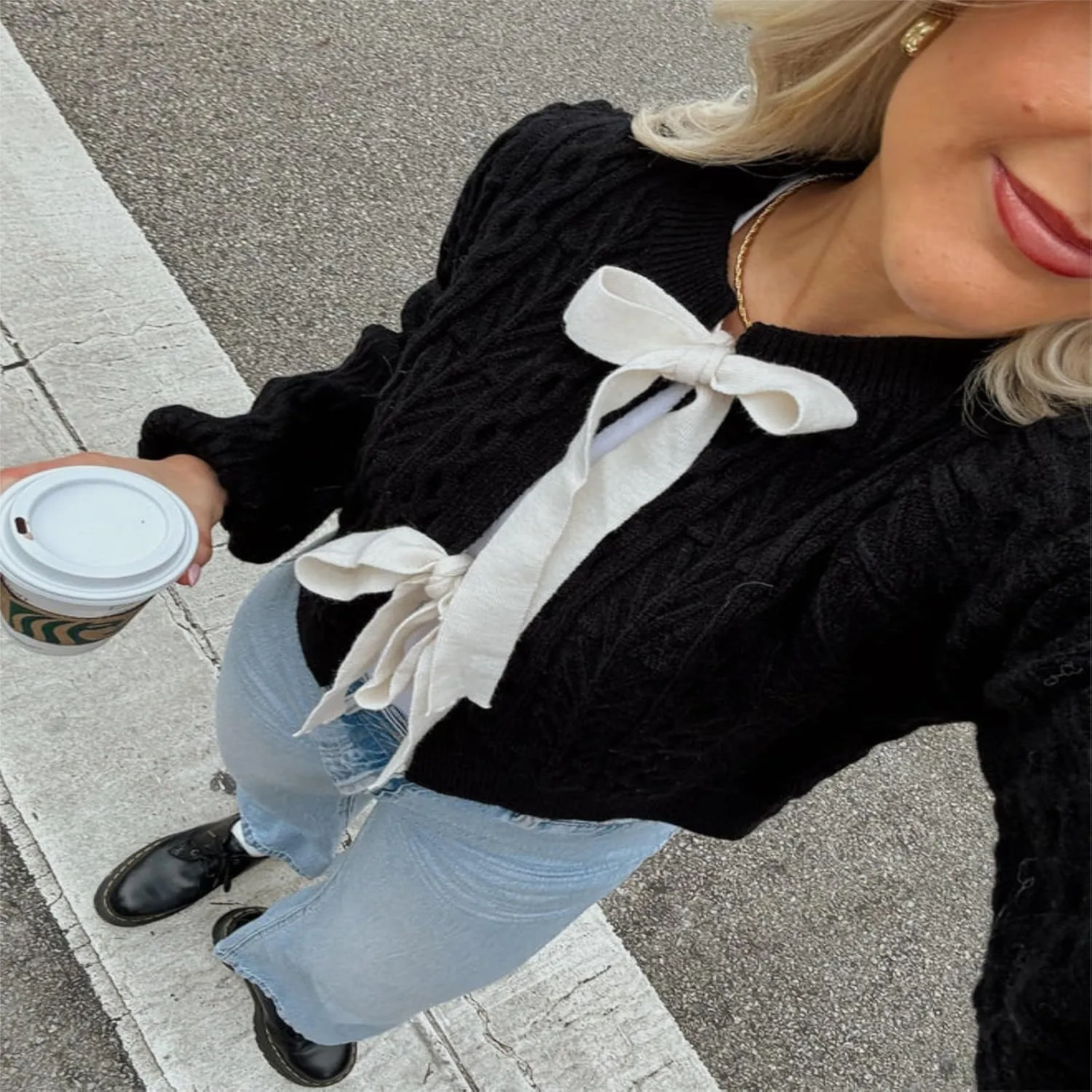 Tie Front Cardigan Sweaters for Women Cute Knit Long Sleeve Bow Tie Crop Blouse Top Y2K Cable Knit Ribbon Lace Up Sweater