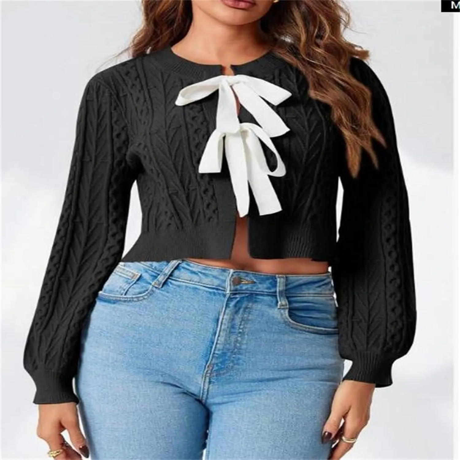 Tie Front Cardigan Sweaters for Women Cute Knit Long Sleeve Bow Tie Crop Blouse Top Y2K Cable Knit Ribbon Lace Up Sweater