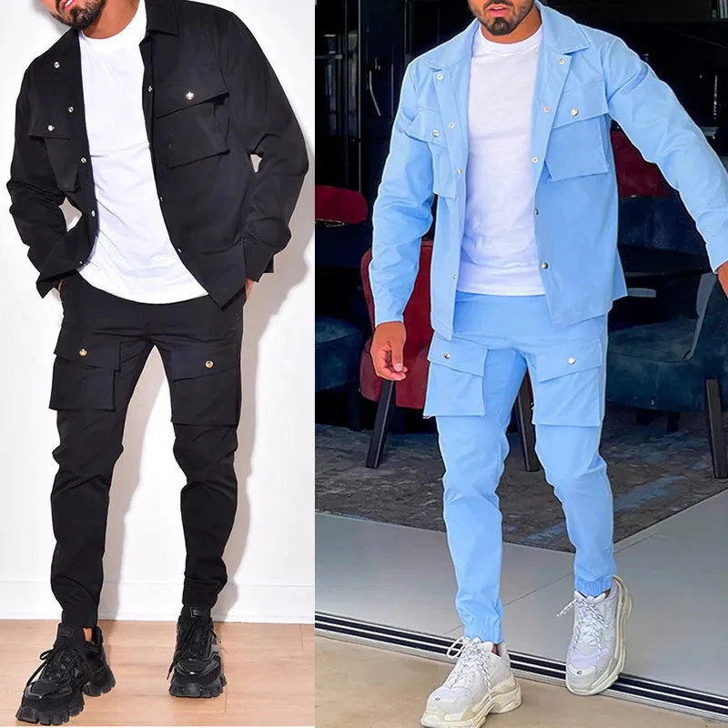 Tracksuits Sportswear for Men Cargo Casual Fashion Pockets Jackets and Pants Set Trend Men Clothes Slim Fit Men's Suit