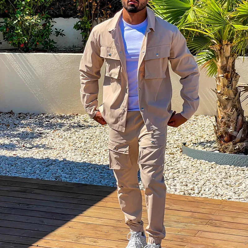 Tracksuits Sportswear for Men Cargo Casual Fashion Pockets Jackets and Pants Set Trend Men Clothes Slim Fit Men's Suit