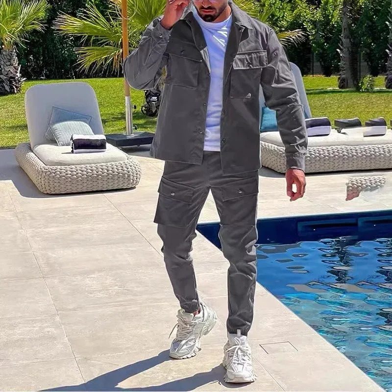 Tracksuits Sportswear for Men Cargo Casual Fashion Pockets Jackets and Pants Set Trend Men Clothes Slim Fit Men's Suit