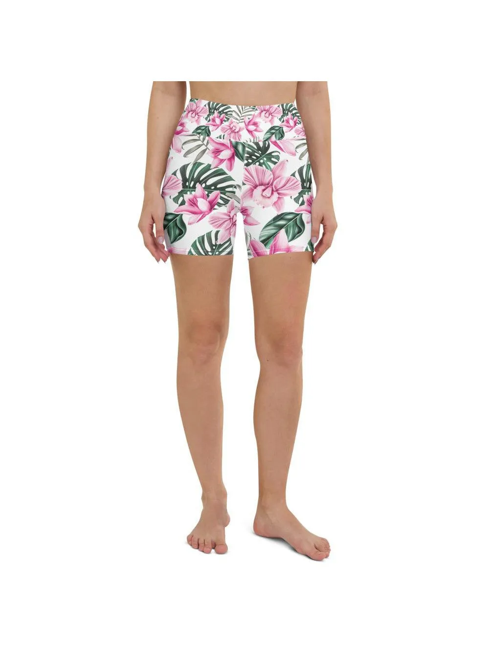 Tropical Floral White Yoga Shorts
