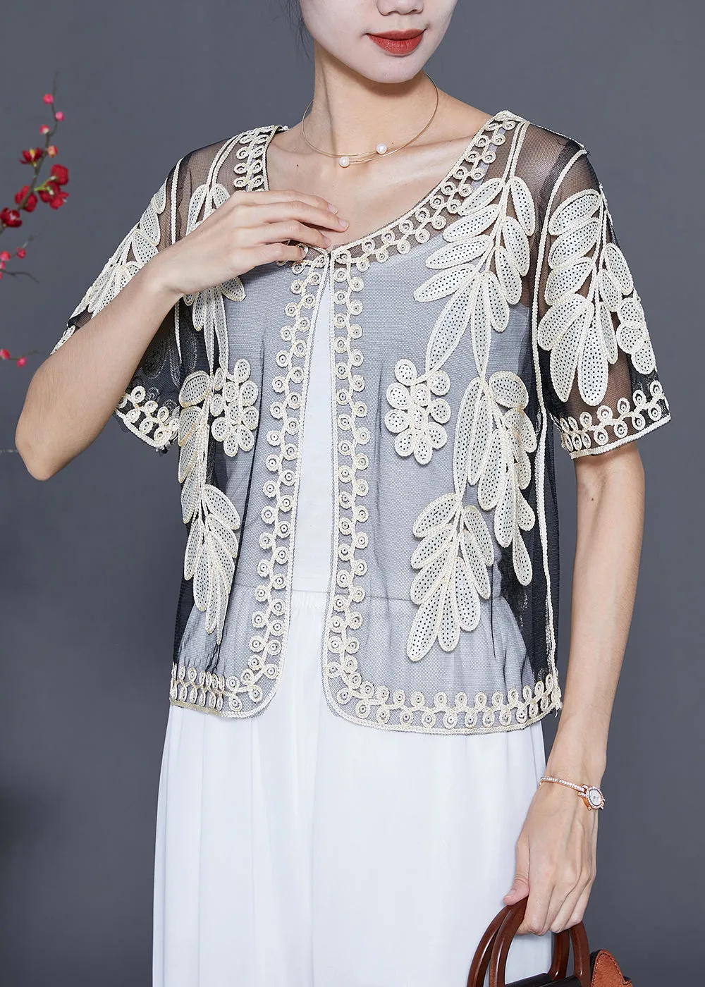 White Tulle Cardigan Sequins Embroideried Summer