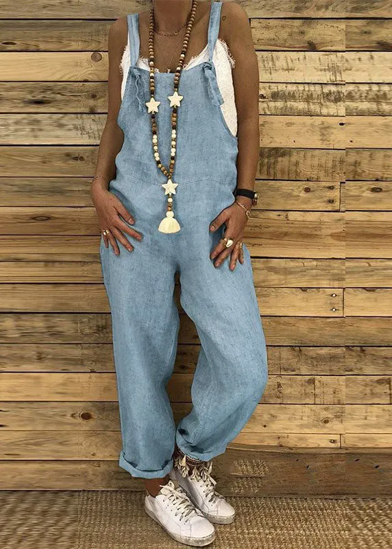 Women Casual Straps Solid Color Overalls Jumpsuit with Behind Pocket