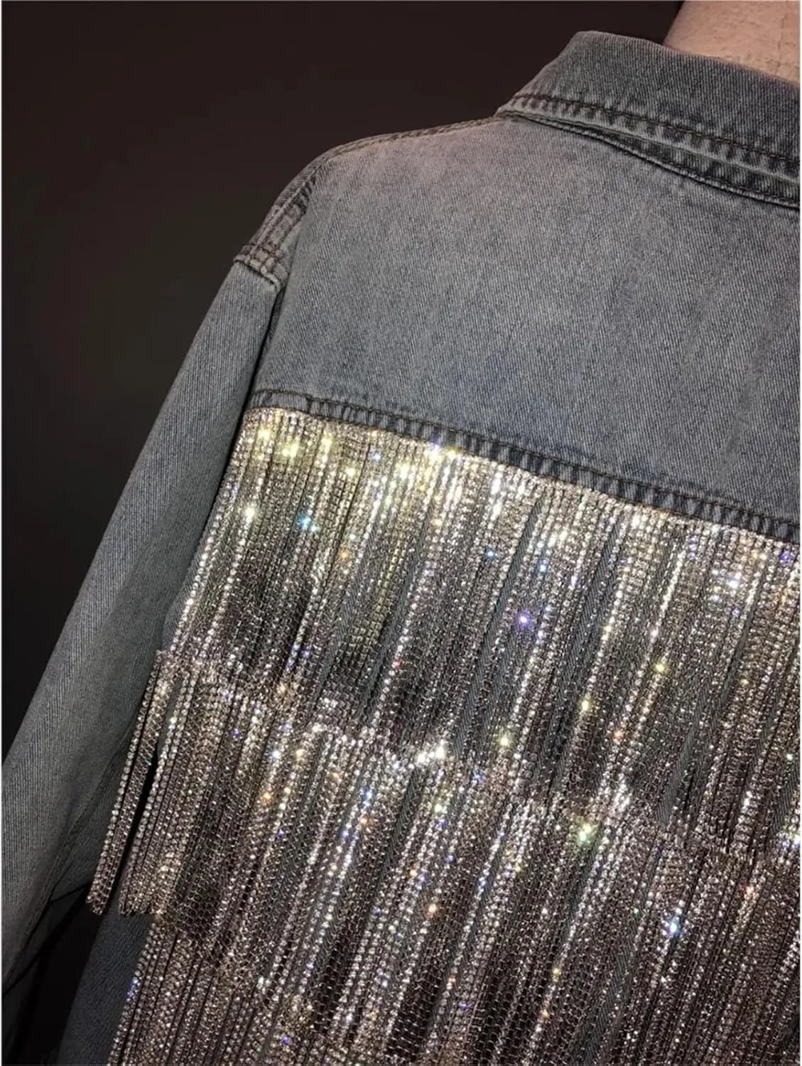 Women Tassels Coat Loose Diamonds Beaded Fringed Jeans Jacket Cardigan Tops