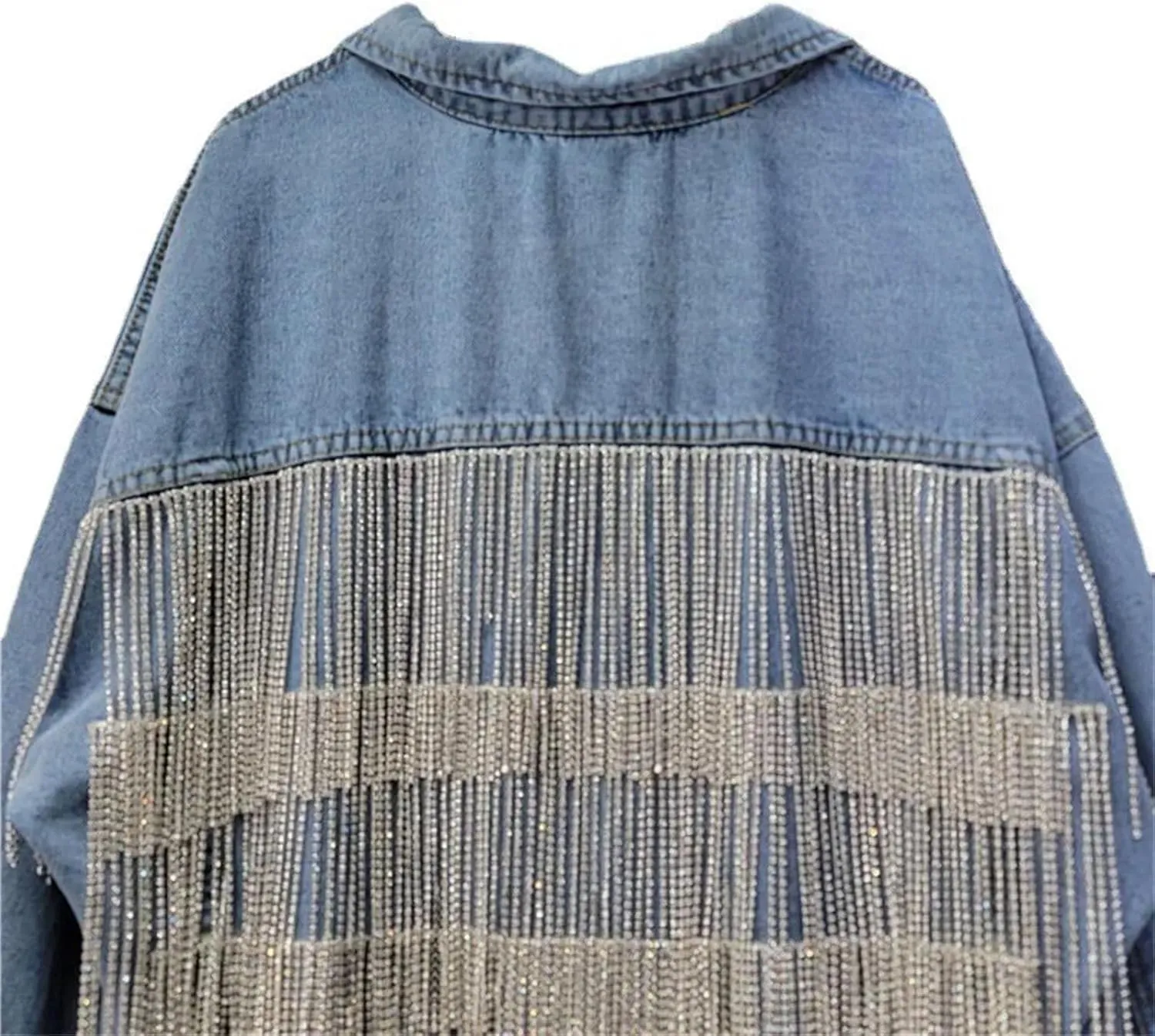 Women Tassels Coat Loose Diamonds Beaded Fringed Jeans Jacket Cardigan Tops