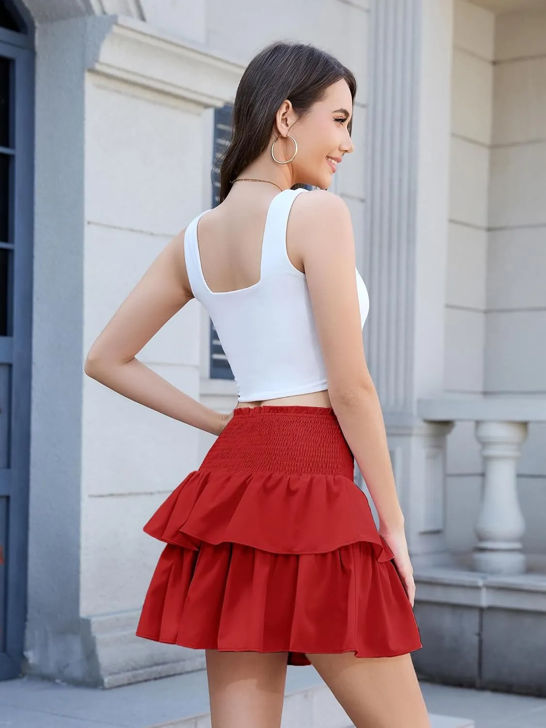 Women's Boho Ruffle Mini Skirt Flowy Layered High Waist Skater Skirts Cute Short Summer Skirts with Shorts