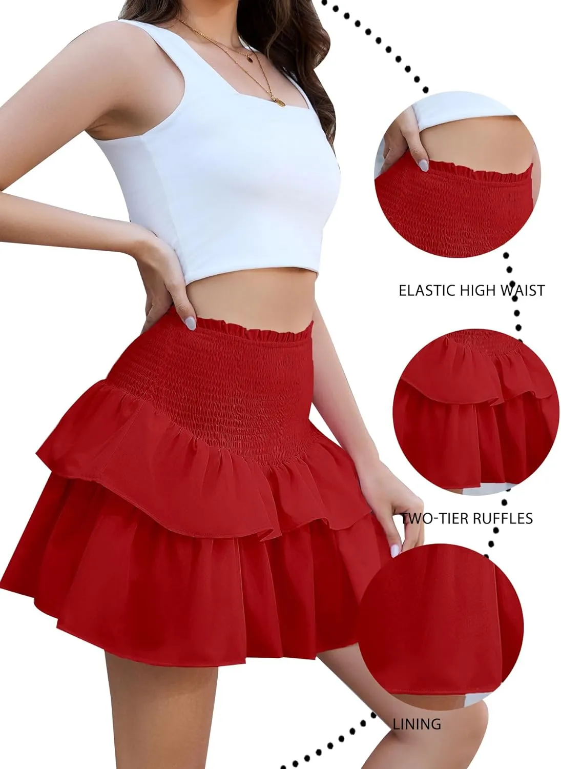 Women's Boho Ruffle Mini Skirt Flowy Layered High Waist Skater Skirts Cute Short Summer Skirts with Shorts