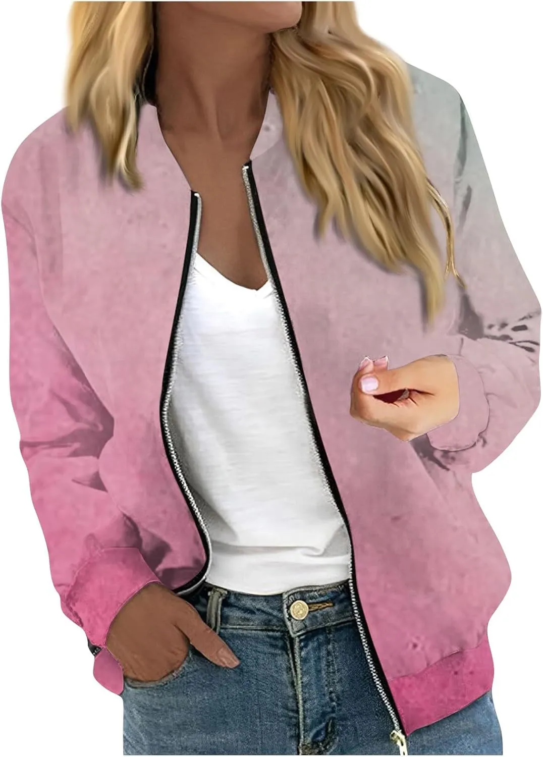 Women's Bomber Jacket Casual Coat Zip Up Outerwear Windbreaker with Pockets