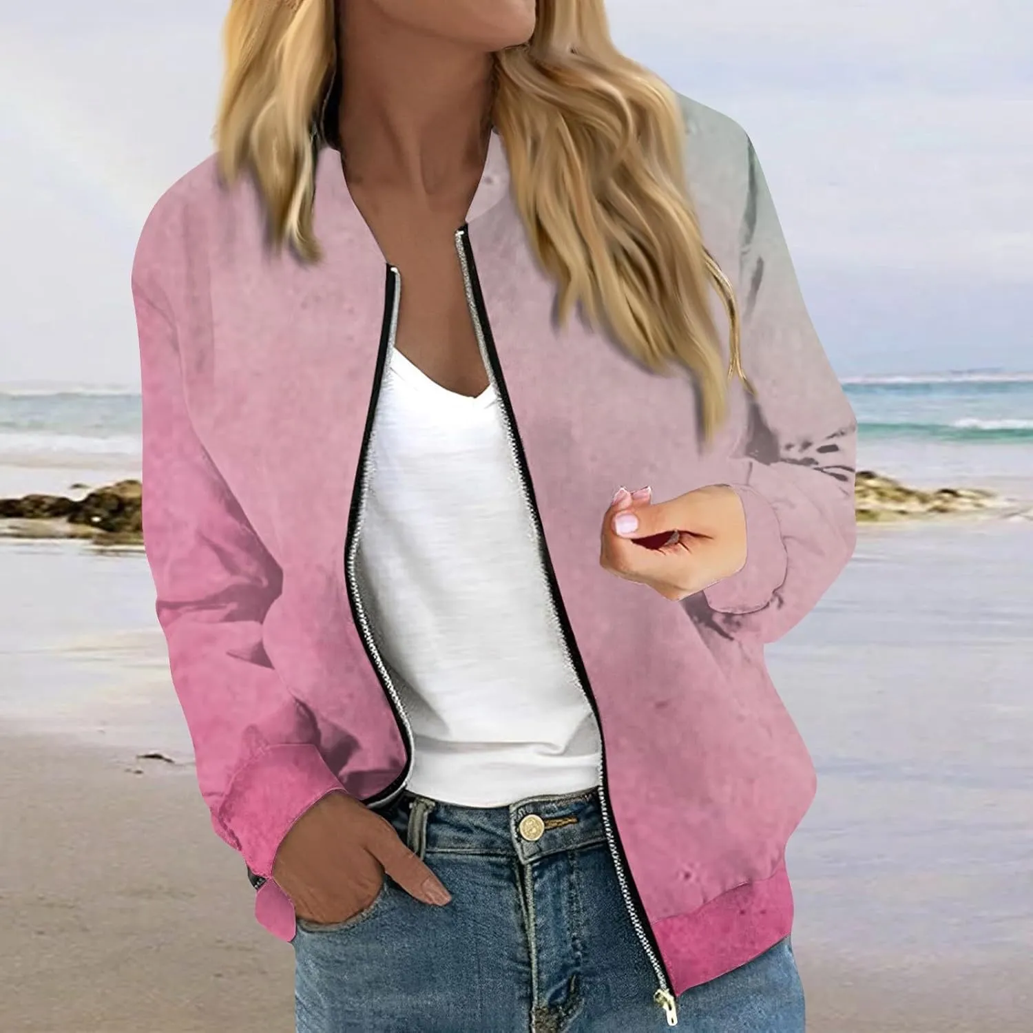 Women's Bomber Jacket Casual Coat Zip Up Outerwear Windbreaker with Pockets