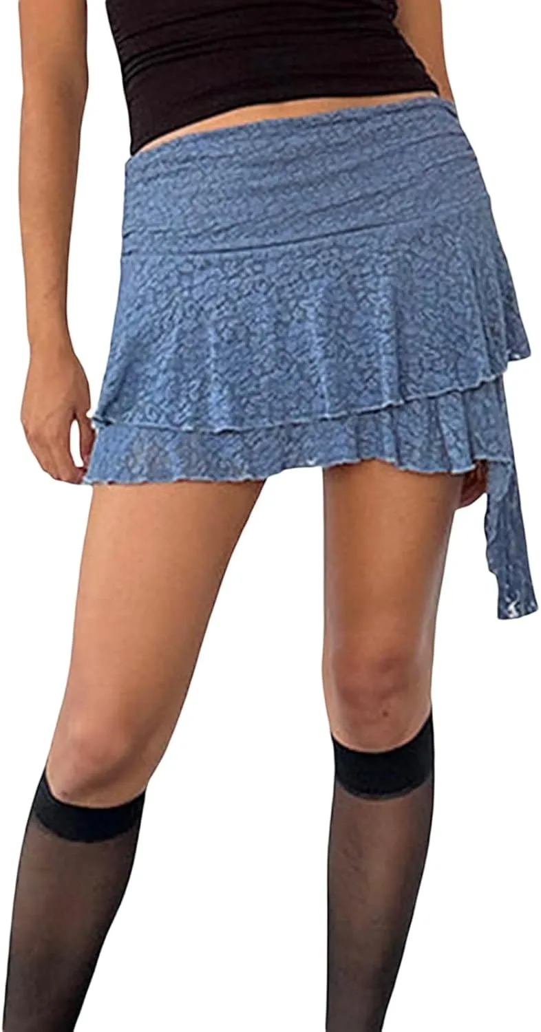 Women's Lace Half Slip Skirt Flowy Ruffle Pleated Mini Skirts Mesh Floral Tutu Y2k Boho Fairy Layered Short Skirts