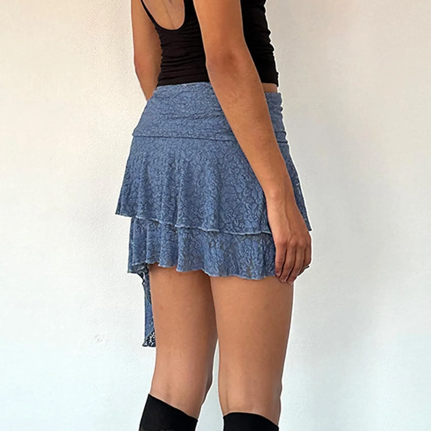 Women's Lace Half Slip Skirt Flowy Ruffle Pleated Mini Skirts Mesh Floral Tutu Y2k Boho Fairy Layered Short Skirts