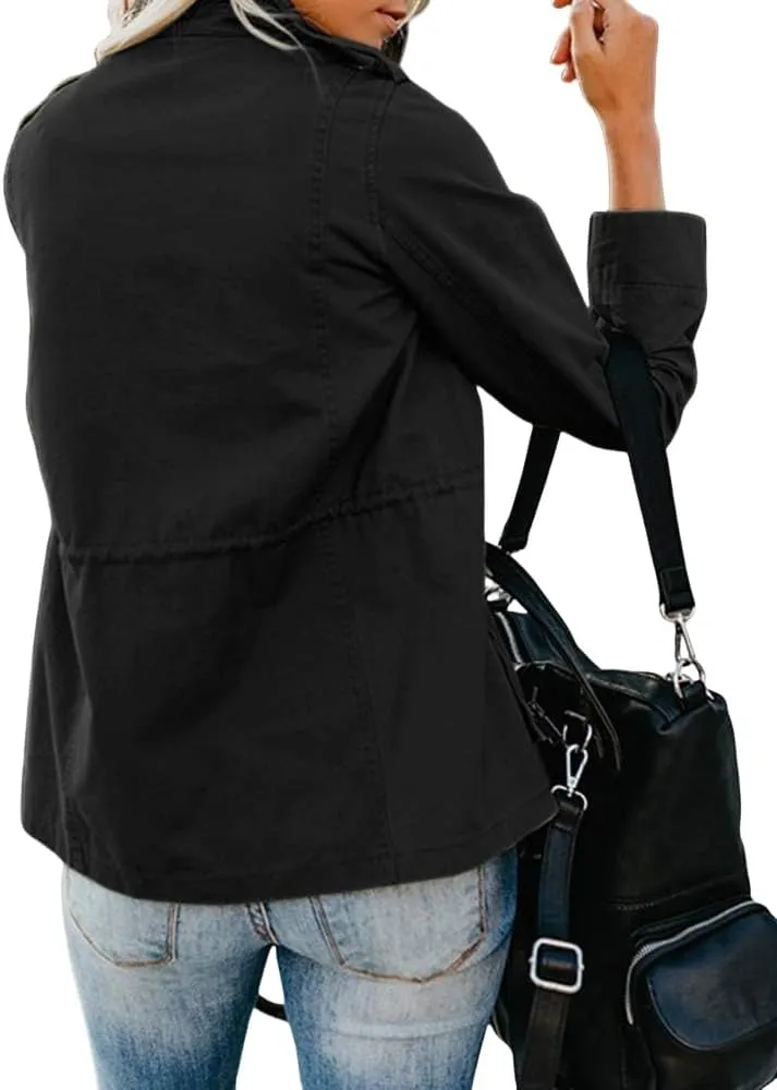 Women's Military Anorak Jackets Zip Up Parka Safari Utility Coats Snap Buttons Outerwear with Pocket