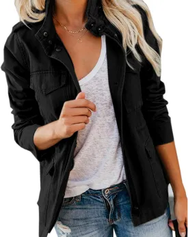Women's Military Anorak Jackets Zip Up Parka Safari Utility Coats Snap Buttons Outerwear with Pocket