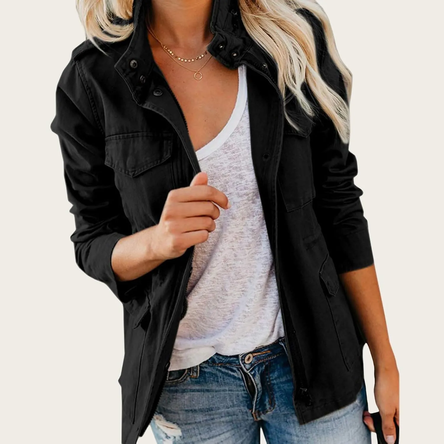 Women's Military Anorak Jackets Zip Up Parka Safari Utility Coats Snap Buttons Outerwear with Pocket