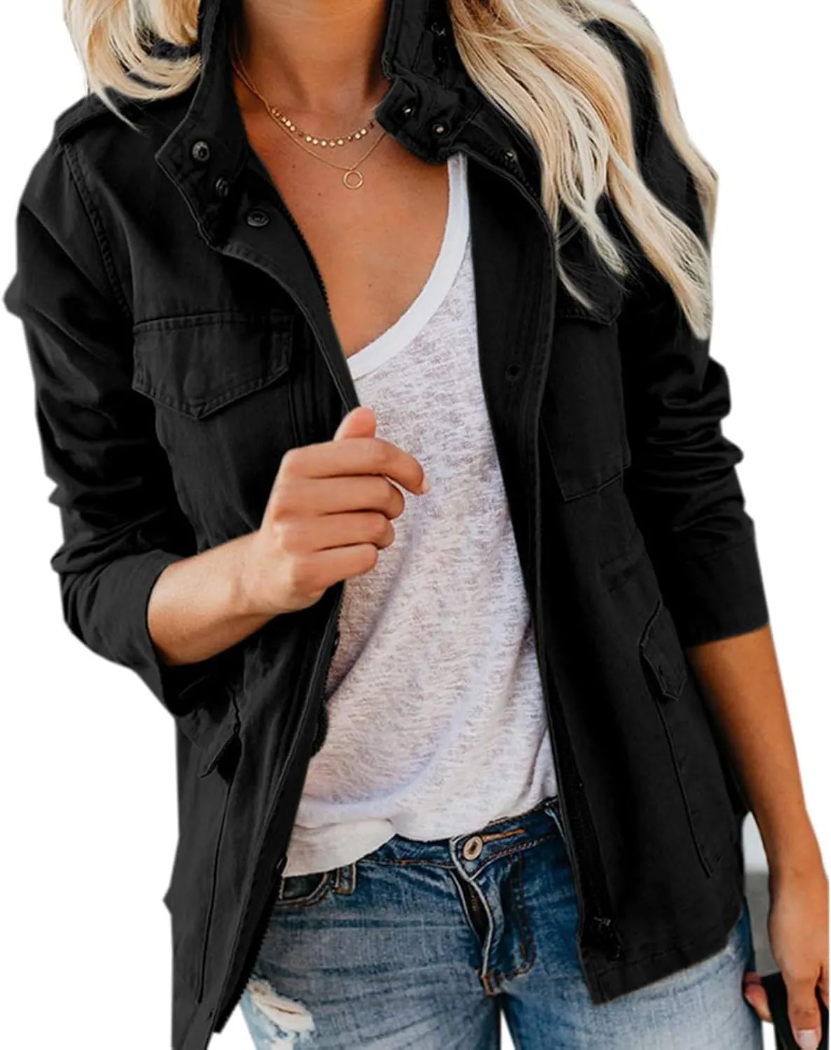 Women's Military Anorak Jackets Zip Up Parka Safari Utility Coats Snap Buttons Outerwear with Pocket