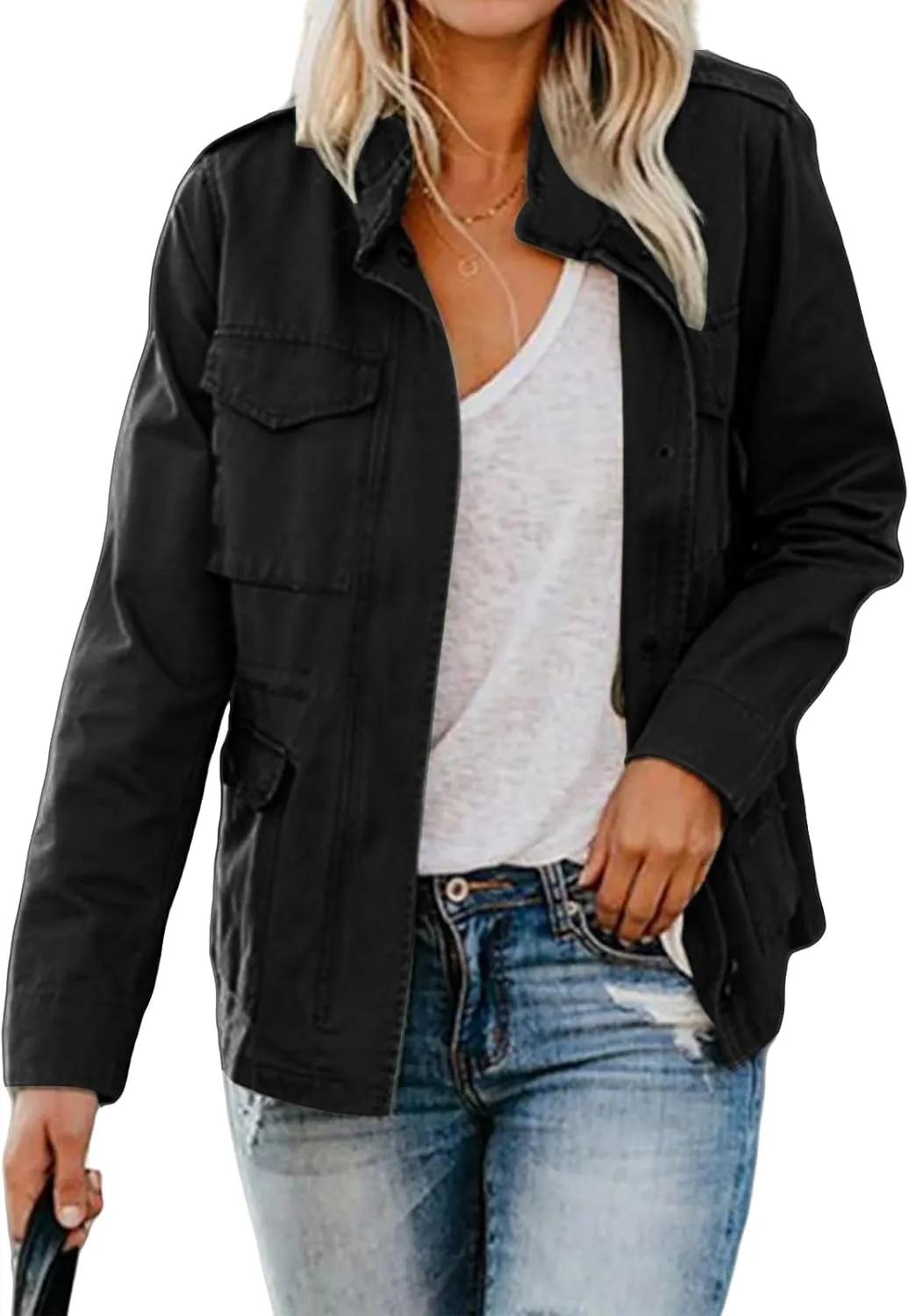 Women's Military Anorak Jackets Zip Up Parka Safari Utility Coats Snap Buttons Outerwear with Pocket