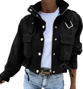 Women's Military Cropped Jackets 2024 Trendy Cropped Cargo Coats Button Down Lightweight Utility Anorak Coat Pockets