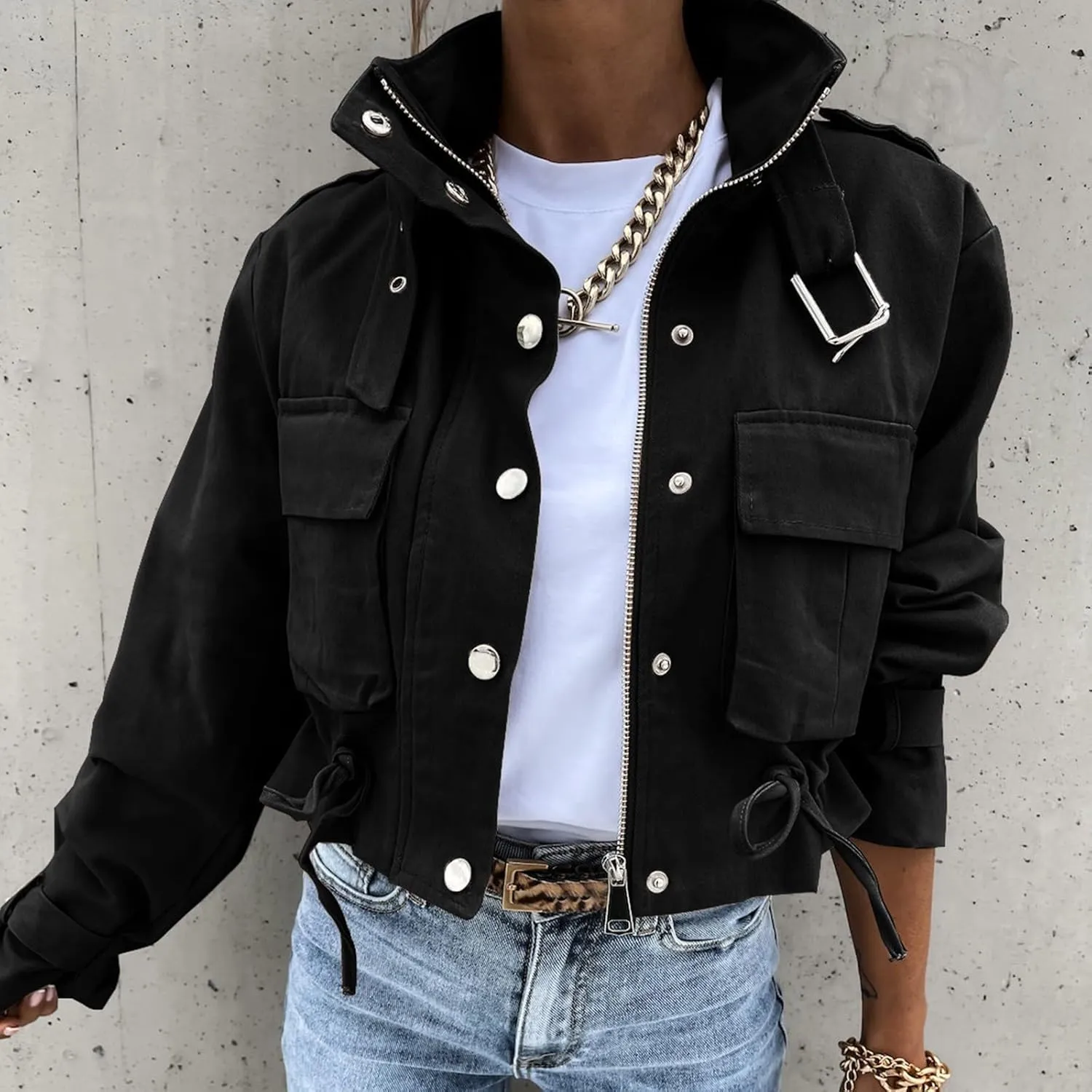 Women's Military Cropped Jackets 2024 Trendy Cropped Cargo Coats Button Down Lightweight Utility Anorak Coat Pockets