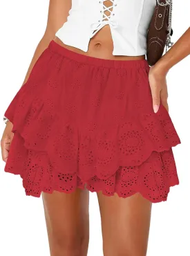 Women's Mini Skirts for Women High Waist Ruffle Skirt Smock Eyelet Solid A Line Summer Party Beach Short Skort