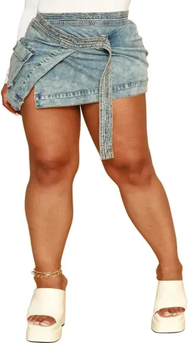 Women's Plus Size Sexy Mini Denim Skirts Jean Short Skirt Irregular with Pockets