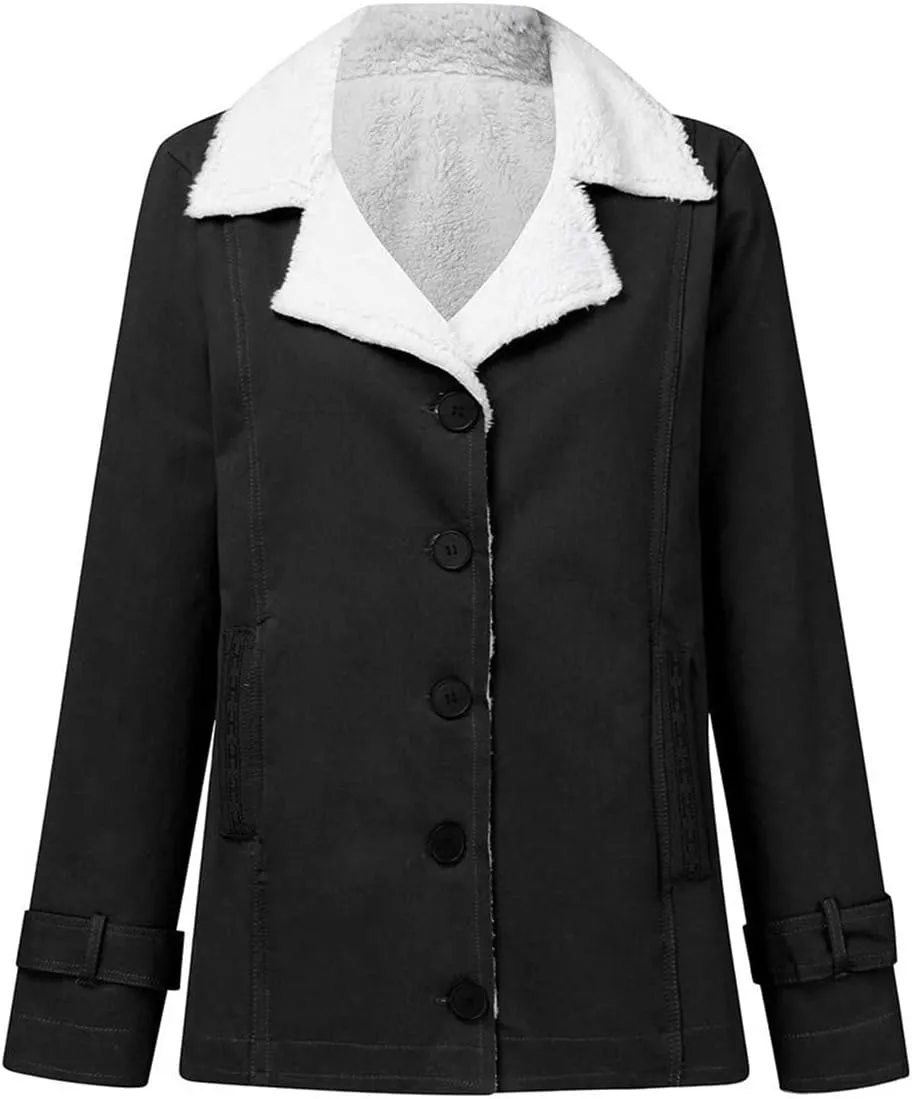 Womens Sherpa Fleece Lined Jacket Lamb Wool Padded Coats Button Down Lapel Trench Coat Faux Suede Thicken Warm Outwear