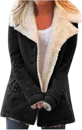 Womens Sherpa Fleece Lined Jacket Lamb Wool Padded Coats Button Down Lapel Trench Coat Faux Suede Thicken Warm Outwear