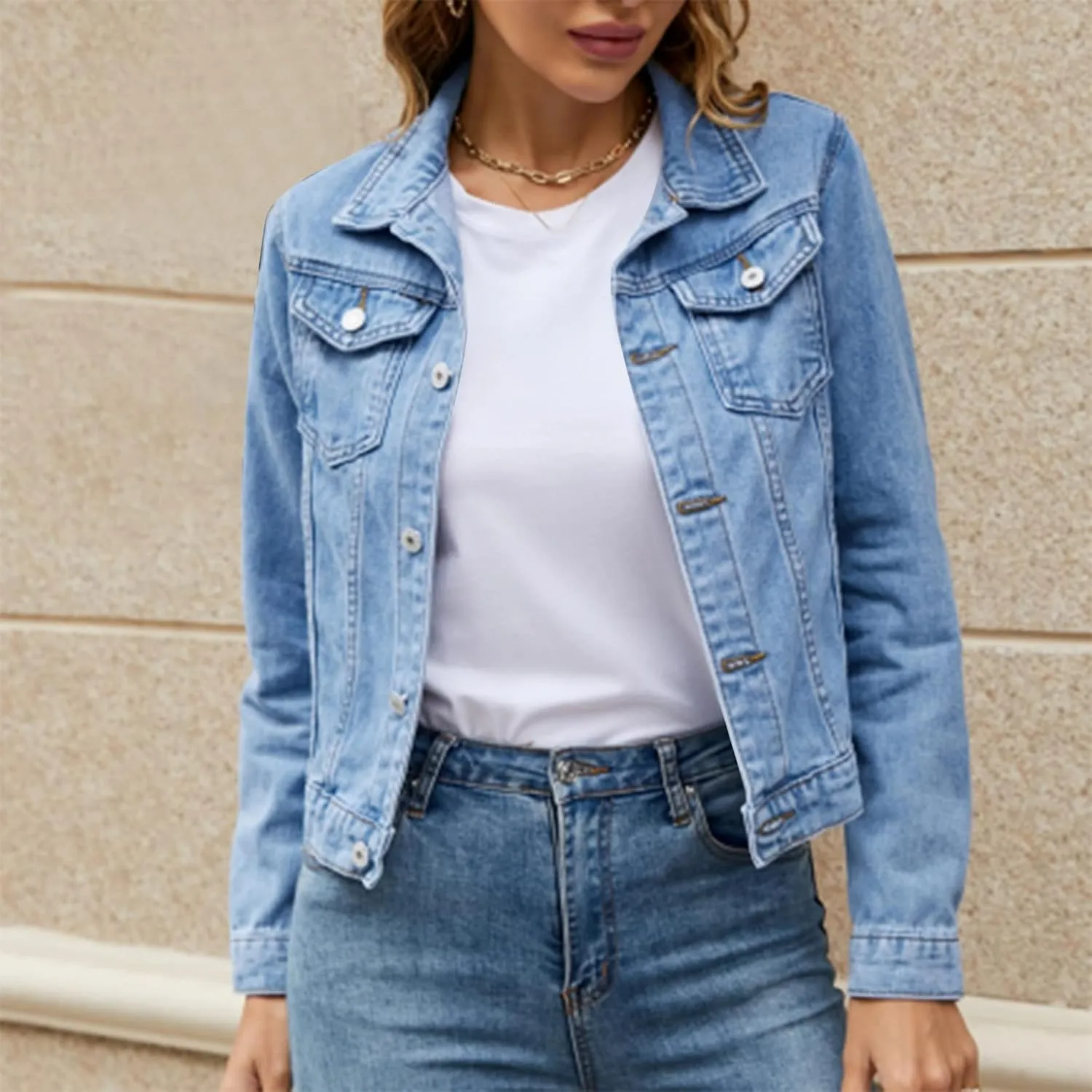 Women's Stretch Denim Jacket Basic Solid Button Down Jean Coat Relaxed Fitted Long Sleeves Shacket Outerwear with Pockets
