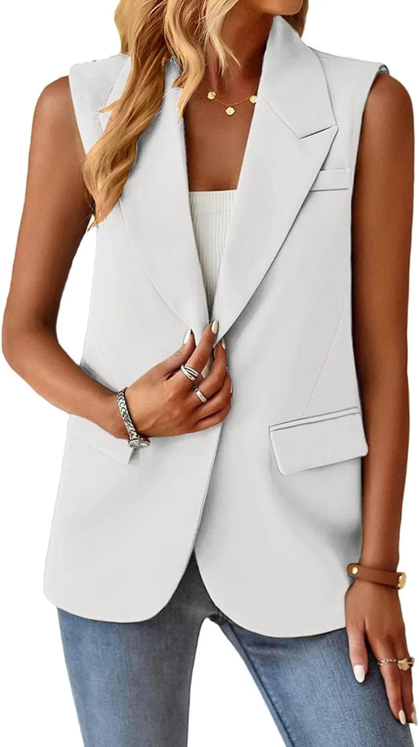 Womens Summer Tops Summer Sleeveless Blazers Open Front Casual Blazer Vests Casual Work Office Blazers with Pockets