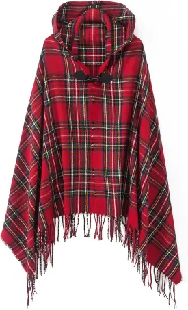 Women's Vintage Plaid Knitted Tassel Poncho Shawl Cape Button Cardigan