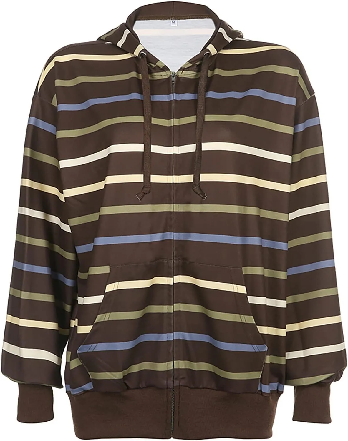 Women's Y2K Long Sleeve Striped Hoodie Oversized Zip Up Drawstring Color Block Sweatshirt Casual Jacket Streetwear