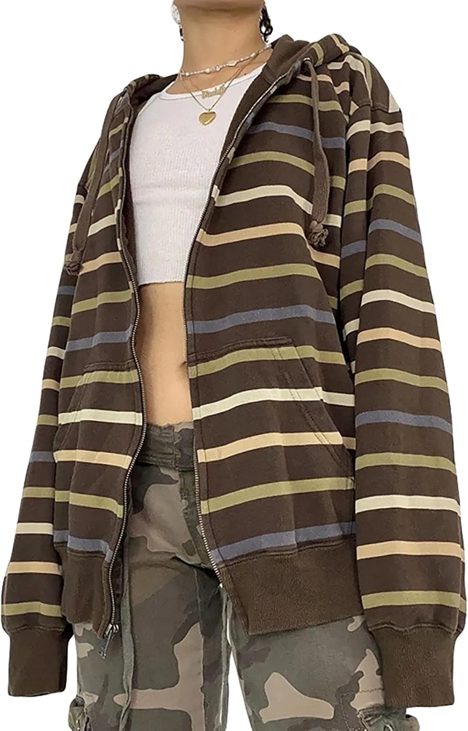 Women's Y2K Long Sleeve Striped Hoodie Oversized Zip Up Drawstring Color Block Sweatshirt Casual Jacket Streetwear