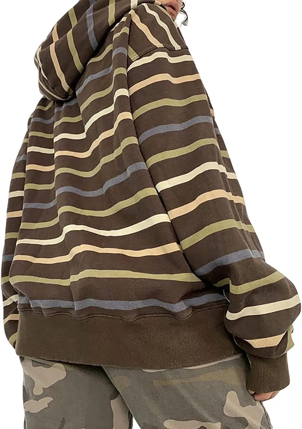 Women's Y2K Long Sleeve Striped Hoodie Oversized Zip Up Drawstring Color Block Sweatshirt Casual Jacket Streetwear