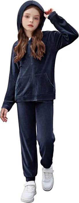Zaclotre Girls Velour Tracksuits 2 Piece Outfits Zip Up Hoodie and Jogger Sweatpant Sweatsuits Athletic Clothing Sets