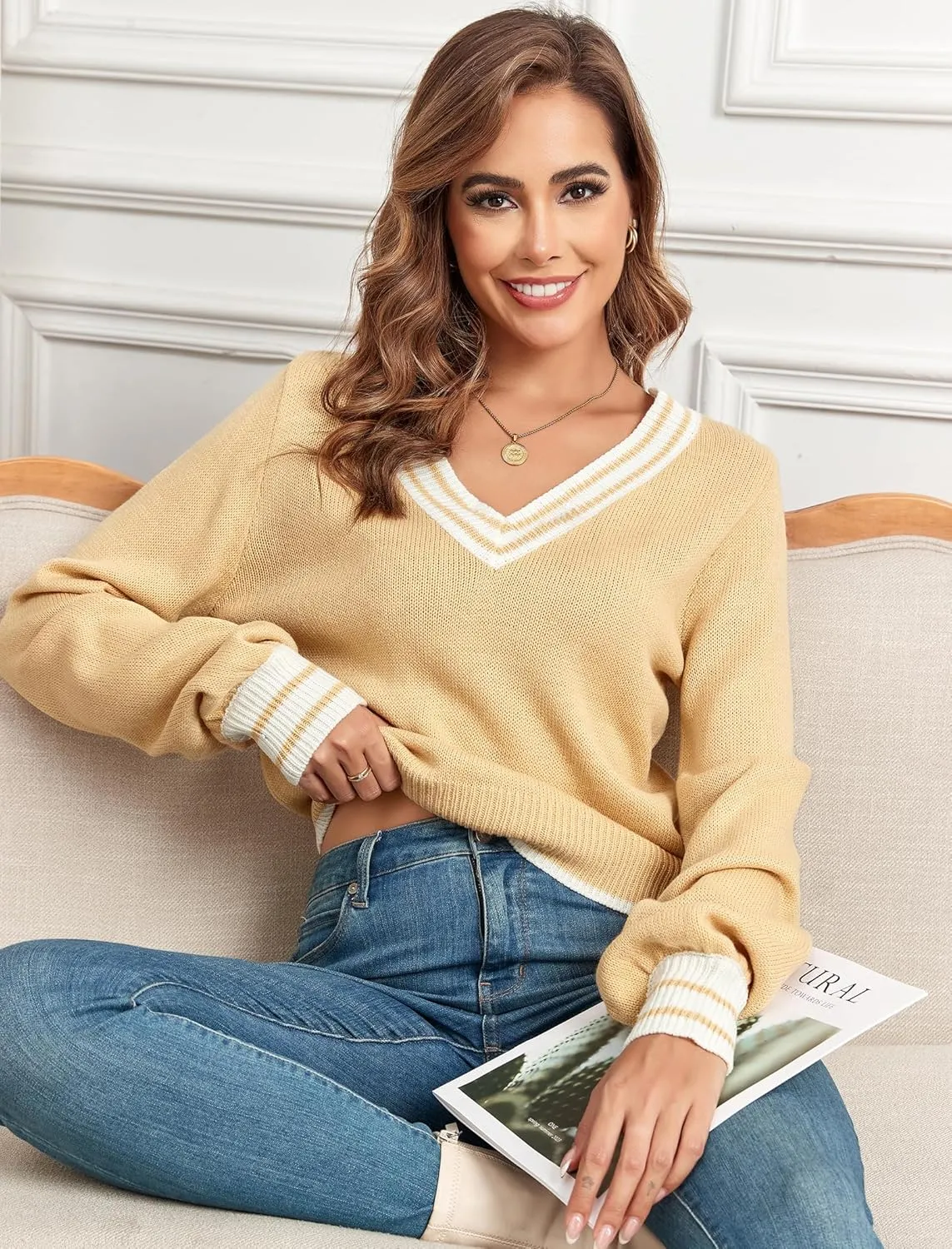 ZAFUL Women's Raglan Long Sleeve Double Side V Neck Short Sweater Casual Solid Cropped Knit Top Pullovers