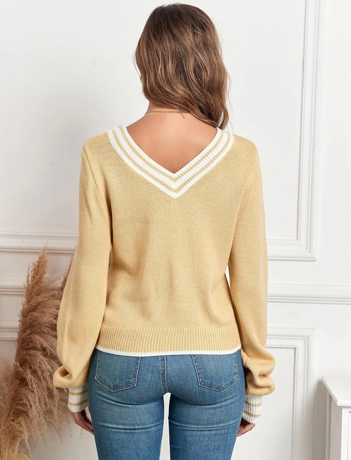 ZAFUL Women's Raglan Long Sleeve Double Side V Neck Short Sweater Casual Solid Cropped Knit Top Pullovers