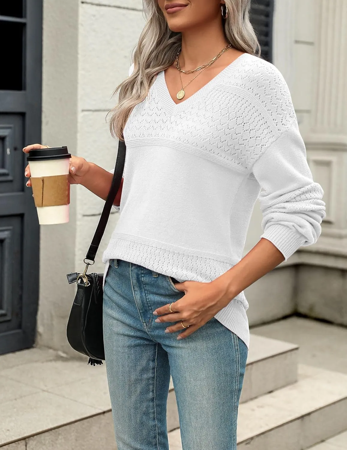 Zeagoo Womens 2025 Fall Sweaters Casual Long Sleeve Ribbed Knit Pullover V Neck Lightweight Crochet Pullover Sweater Top